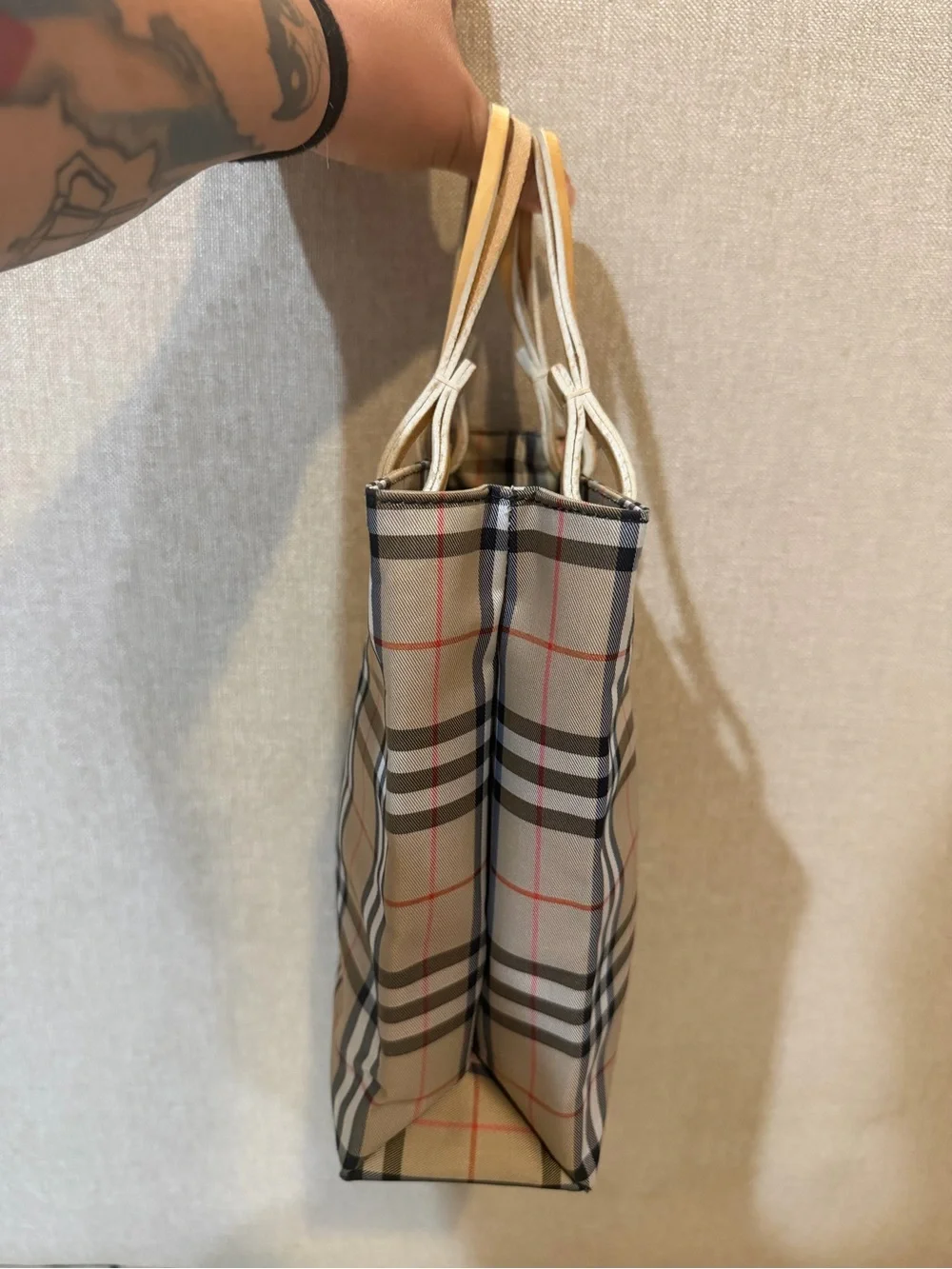 Burberry Beige Check Canvas Mini Tote with Tan Leather Handles